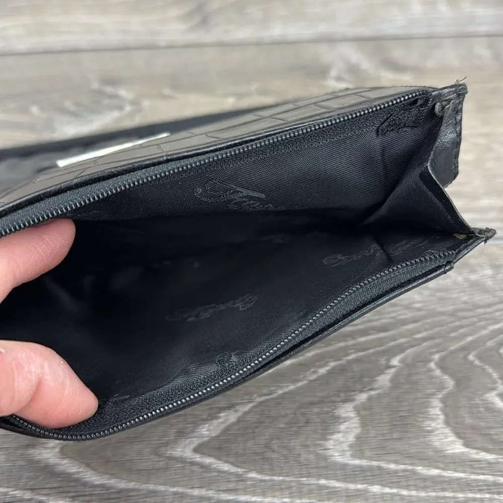 Fossil Black Avenue Croc-Embossed Leather Snap Open Tri-Fold Clutch Wallet